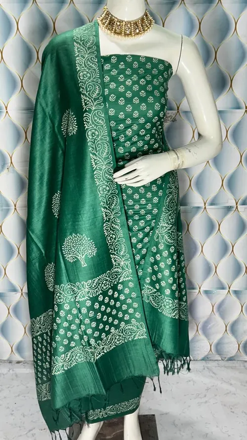 Elegant Hand Block Printed Katan Slub Cotton Suit Set